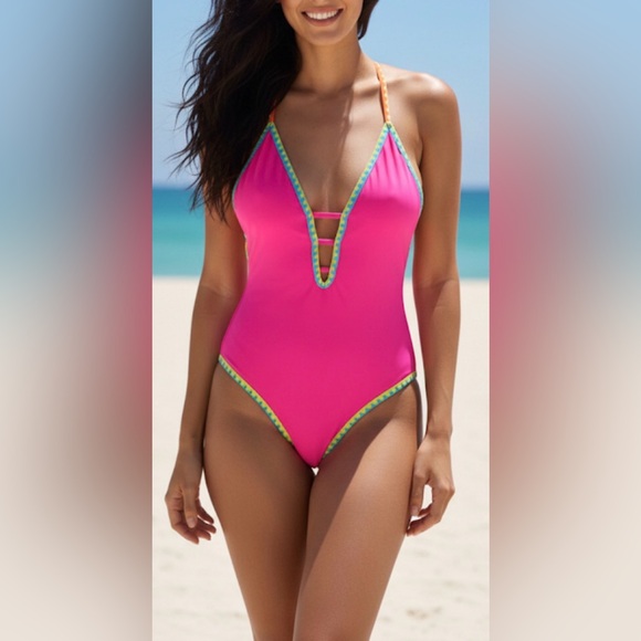 popvil Other - Nwt Popvil One Piece Swimsuit Women XXL Tie Strappy Back Tummy Control Neon Pimj